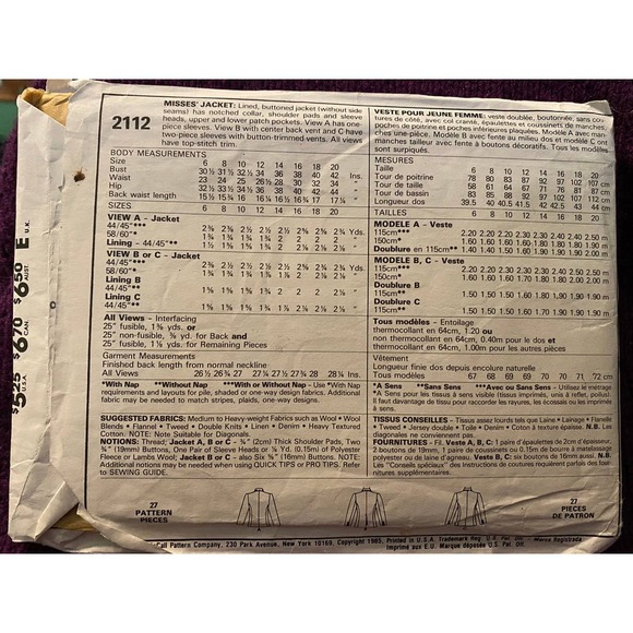 McCalls Sewing pattern 2112 Women's blazer  jacket Sz 8 - Picture 3 of 5